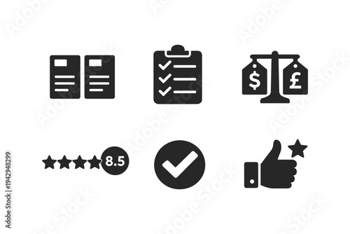 Collection of icons representing business, finance, and customer satisfaction concepts