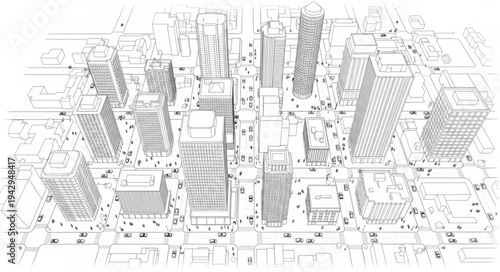 Detailed architectural sketch of a modern city skyline.