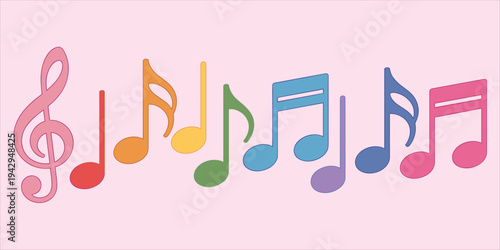 Colorful Musical Notes and Treble Clef on a Pink Background Keywords: music, musical notes, treble clef, notes, musical notation