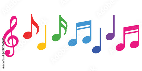Colorful Musical Notes and Treble Clef on a White Background Keywords: music, musical notes, treble clef, notes, musical