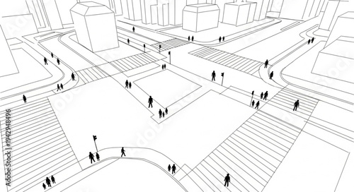 Aerial sketch of a bustling city square with people walking.