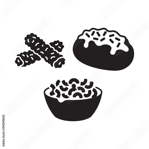 Black and white illustration of pretzels donut and cereal in bowls