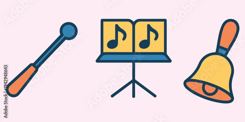 Conductor's baton, music stand with notes, and bell on a light pink background vector illustration
