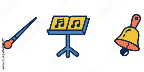 Conductor's baton, music stand with notes, and bell on a white background vector illustration