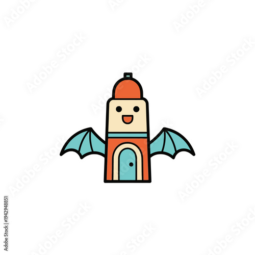 Cartoon vampire house with wings smiling.