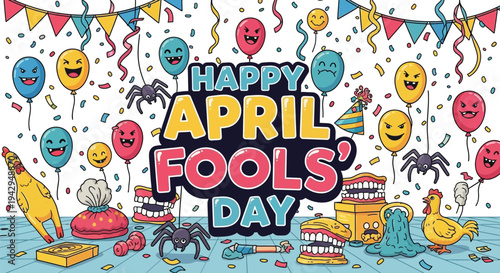 April fools day background with balloons spiders and prank toys