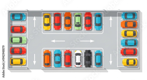 Top view of a busy parking lot filled with colorful cars.