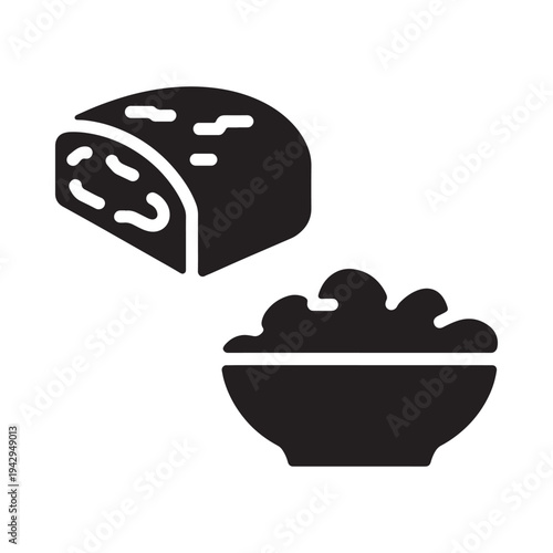 Simple black and white icon of sushi and a small bowl