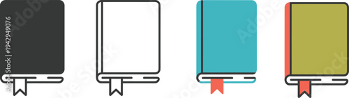Four Stylized Book Icons with Different Color Schemes and Outline Styles books symbol