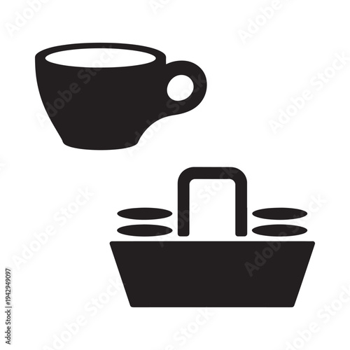 Simple black silhouette of a coffee cup and sugar dispenser