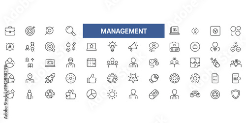 Grid of outline icons for management and business on a white background briefcase