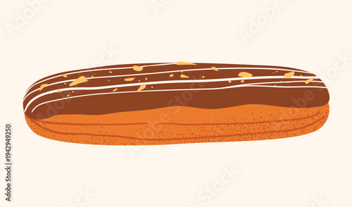Delicious eclair dessert with chocolate and cream topping. Hand drawn vector illustration. 