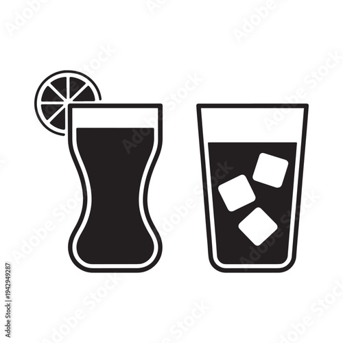 Two stylized glasses of beverages one with a lime slice