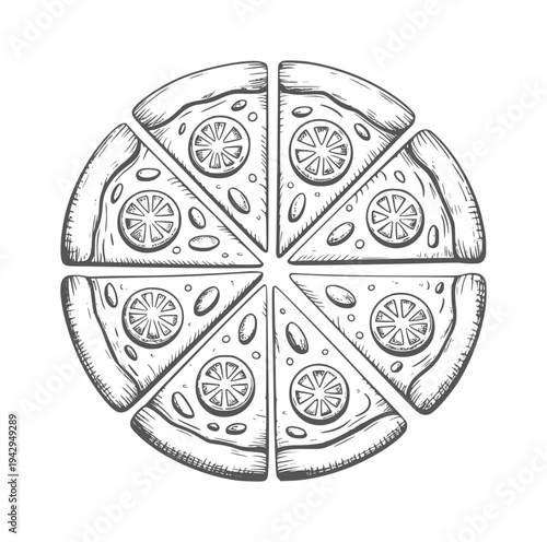 Black and white hand drawn of a pizza cut into eight slices food