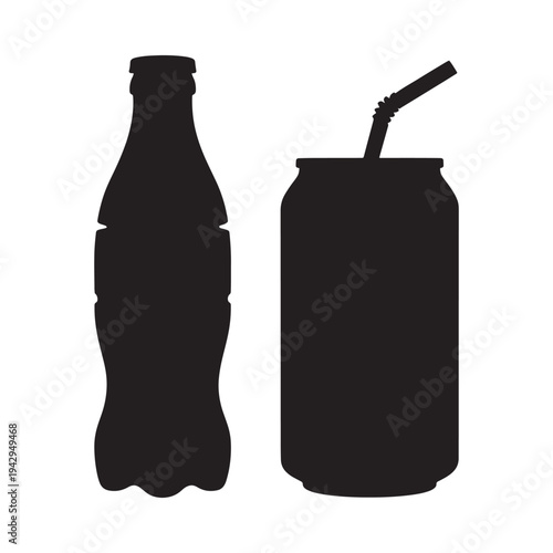 Silhouette of a glass bottle and a can with a straw isolated