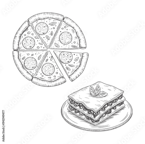 Black and white hand drawn of pizza and lasagna slices handdrawn