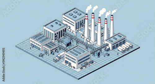 Industrial Factory 3D Illustration with Smokestacks.