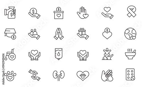 Charity and Donation set of web icons in line style. Volunteering and donation icons for web and mobile app. Help, caring, solidarity, alms, donate, volunteer, care, charity and more. Editable stroke