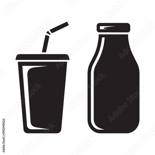 Black and white illustration of a drinking glass and a bottle