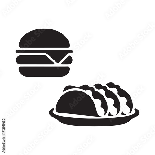 A simple black and white illustration of a burger and tacos