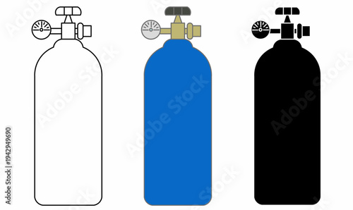Gas cylinder icon set with valve cap, protective collar and rounded base.outline and silhouette.for cooking,industrial gas supply,energy concepts, fuel storage illustrations,. vector