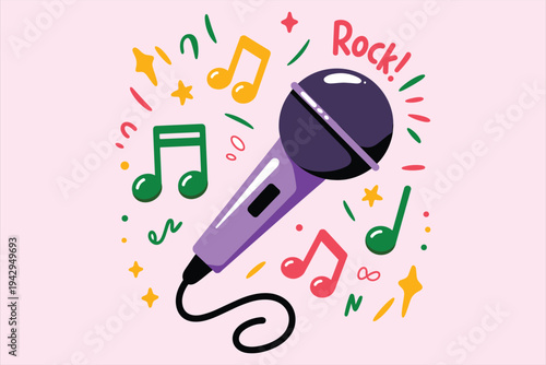 Purple microphone with musical notes and stars on a light pink background vector illustration