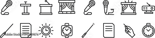 Set of presentation and performance icons with a white background microphone podium