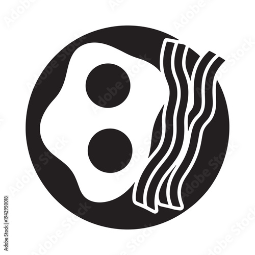 Breakfast icon featuring a fried egg and strips of bacon in black