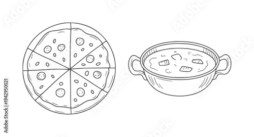 Black and white line of a sliced pizza and a bowl of soup food