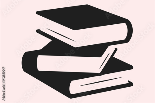 Stack of Three Solid Black Books with White Pages in an Isometric View on a Light Pink Background Keywords: book, books, stack of