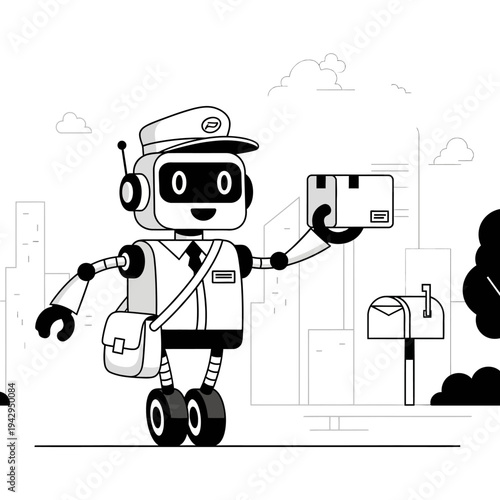 Robot delivery person with package and mailbox, futuristic urban delivery concept