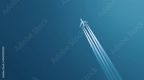 contrail. Airplane ascending into blue sky with white contrails, captured against a clean gradient background. mobility guides, transit brochures, designed for transport & logistics marketing.