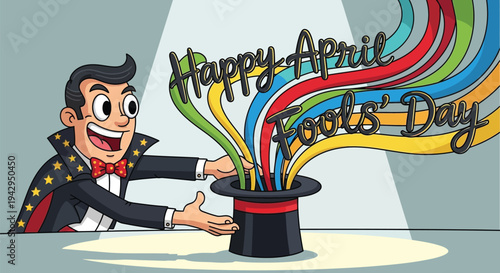 Magician pulling colorful rainbow ribbons from a top hat for april fools