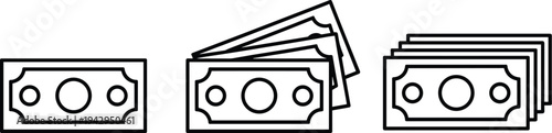 Three line art icons of banknotes on a white background Keywords: money, banknote, cash, currency, finance, payment, wealth