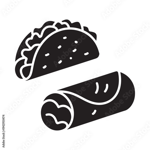 Simple black and white illustration of a taco and a burrito
