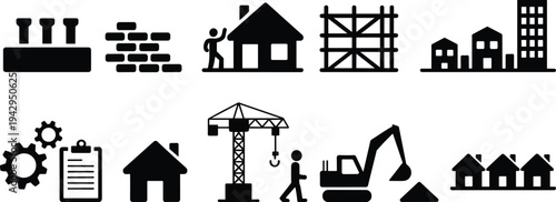 Construction industry building tools house crane excavator worker brick factory urban development infrastructure engineering vector icon collection set
