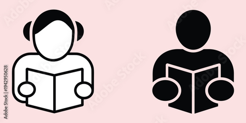 Two Reading Icons One Outline With Headphones One Solid Black On Pink Background book person