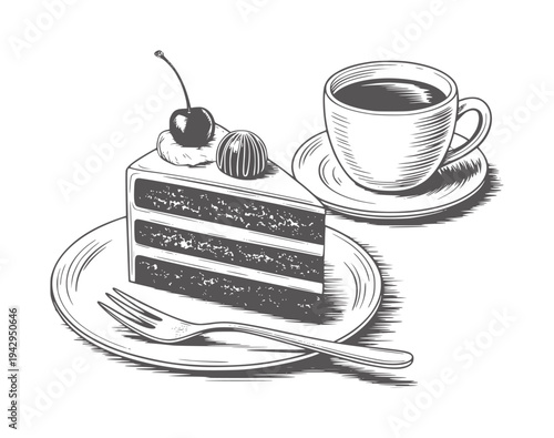 Black and white of layered cake with cherry and coffee cup slice