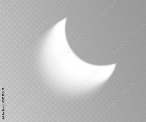 Glowing crescent moon with delicate transparent white blur gradient. Overlay shape moon bright glow and solar flare effects. Vector mesh design element for Ramadan, Eid al fitr card