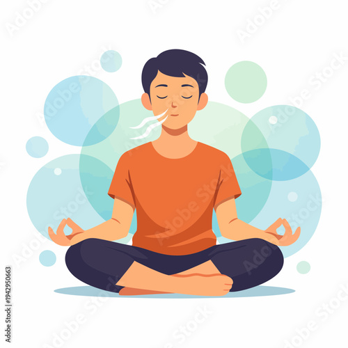 A young man meditating in lotus position with closed eyes and visible breath, surrounded by serene blue bubbles.