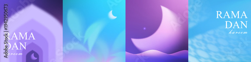 Ramadan Kareem greeting cards. Moon, mosque, arch islam gradient design elements. Modern poster and social media banner. Vector gradient illustration