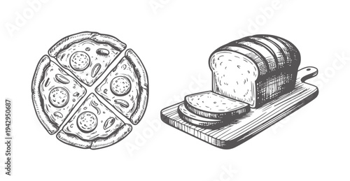 Black and white of sliced pepperoni pizza and loaf of bread cutting board