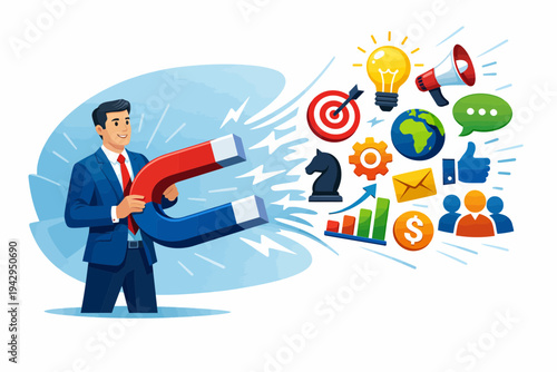 A businessman uses a magnet to attract various business, marketing, and communication icons, symbolizing customer acquisition, lead generation, and strategic growth.