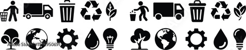 Environmental sustainability icon set, recycling waste management eco energy earth water leaf transport symbols green technology vector illustration
