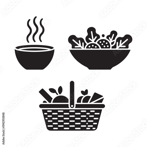 Simple black silhouette icons depicting soup salad and a picnic basket