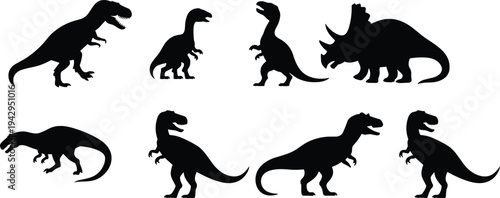 Dinosaur silhouettes set, prehistoric reptile collection including tyrannosaurus triceratops and velociraptor isolated black vector illustration pack