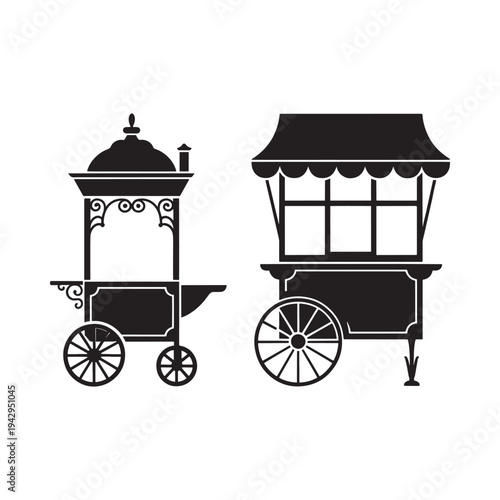 Two vintage black silhouettes of ornate street vendor carts on wheels