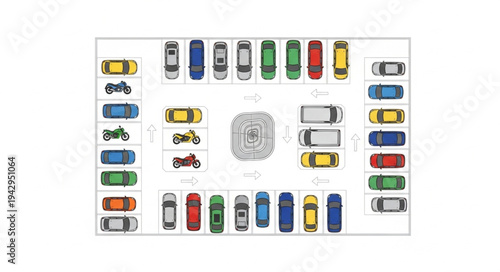Top view illustration of various vehicles parked in designated spots.