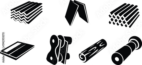 Construction building materials icons set, roof tiles wood plank metal sheet industrial supplies illustration isolated black symbols