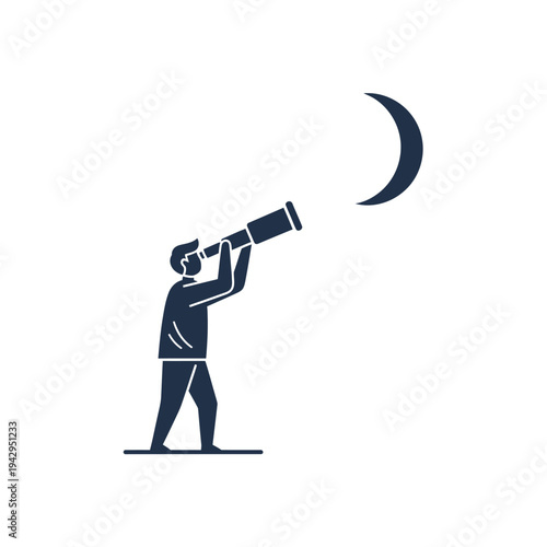 Standing Man Sighting New Moon with Telescope